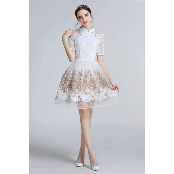 Planet Gates Mandarin Collar Dress Luxury Women Appliques Embroidery Short Sleeve Summer Lace Dress Event For Party Wedding NS416