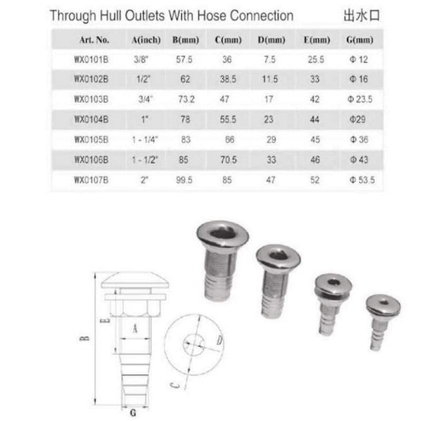 Planet Gates Marine Connector Hose Barb Stainless Steel Drain Pipe Tube 1.5cm Thru Hull Silver 316 Drain Joint Fitting For Boat Yacht  3/8"