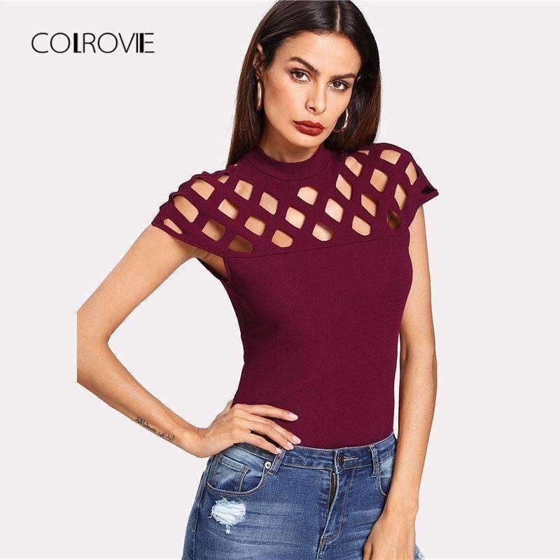 Planet Gates Maroon / XS Cutout Neckline Zip Back Tee 2018 Maroon Stand Collar Cap Sleeve Zipper Women Top Summer Zipper Elegant T-shirt