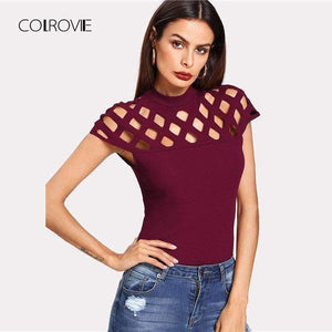 Planet Gates Maroon / XS Cutout Neckline Zip Back Tee 2018 Maroon Stand Collar Cap Sleeve Zipper Women Top Summer Zipper Elegant T-shirt
