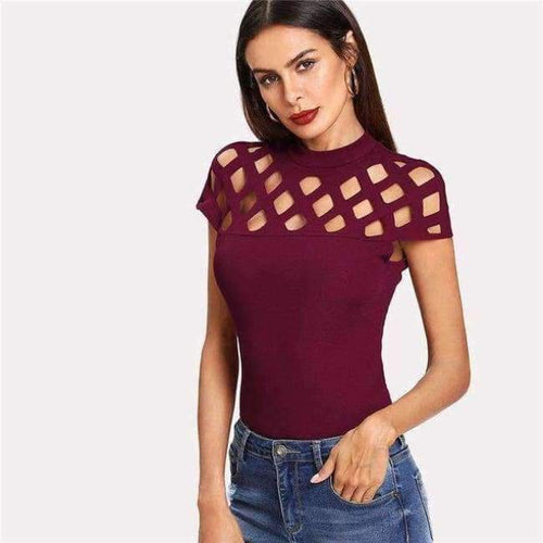 Planet Gates Maroon / XS Cutout Neckline Zip Back Tee 2018 Maroon Stand Collar Cap Sleeve Zipper Women Top Summer Zipper Elegant T-shirt