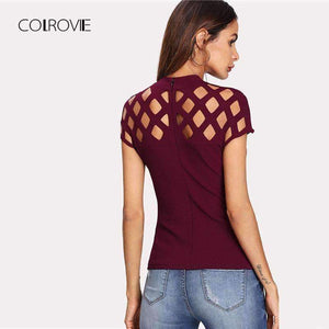 Planet Gates Maroon / XS Cutout Neckline Zip Back Tee 2018 Maroon Stand Collar Cap Sleeve Zipper Women Top Summer Zipper Elegant T-shirt