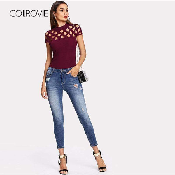 Planet Gates Maroon / XS Cutout Neckline Zip Back Tee 2018 Maroon Stand Collar Cap Sleeve Zipper Women Top Summer Zipper Elegant T-shirt