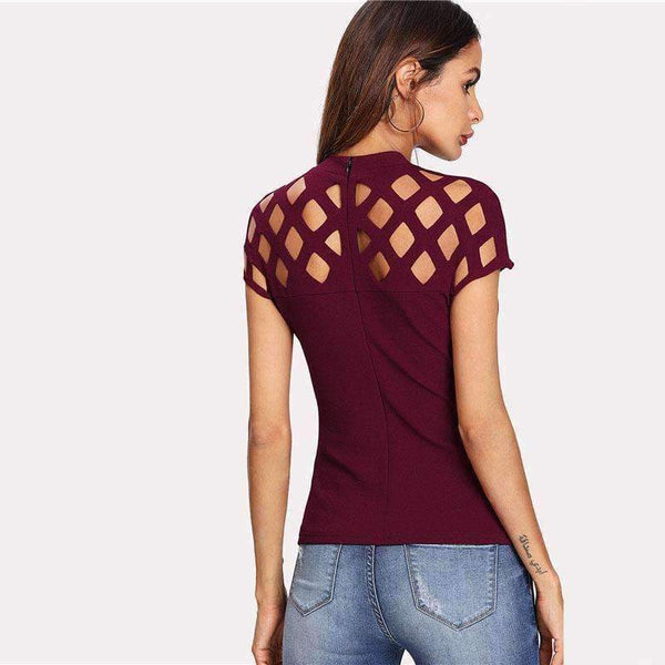 Planet Gates Maroon / XS Cutout Neckline Zip Back Tee 2018 Maroon Stand Collar Cap Sleeve Zipper Women Top Summer Zipper Elegant T-shirt
