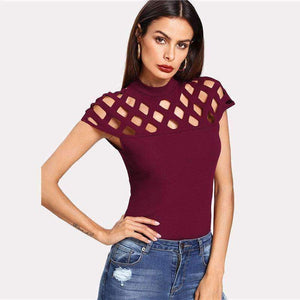 Planet Gates Maroon / XS Cutout Neckline Zip Back Tee 2018 Maroon Stand Collar Cap Sleeve Zipper Women Top Summer Zipper Elegant T-shirt