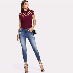 Planet Gates Maroon / XS Cutout Neckline Zip Back Tee 2018 Maroon Stand Collar Cap Sleeve Zipper Women Top Summer Zipper Elegant T-shirt