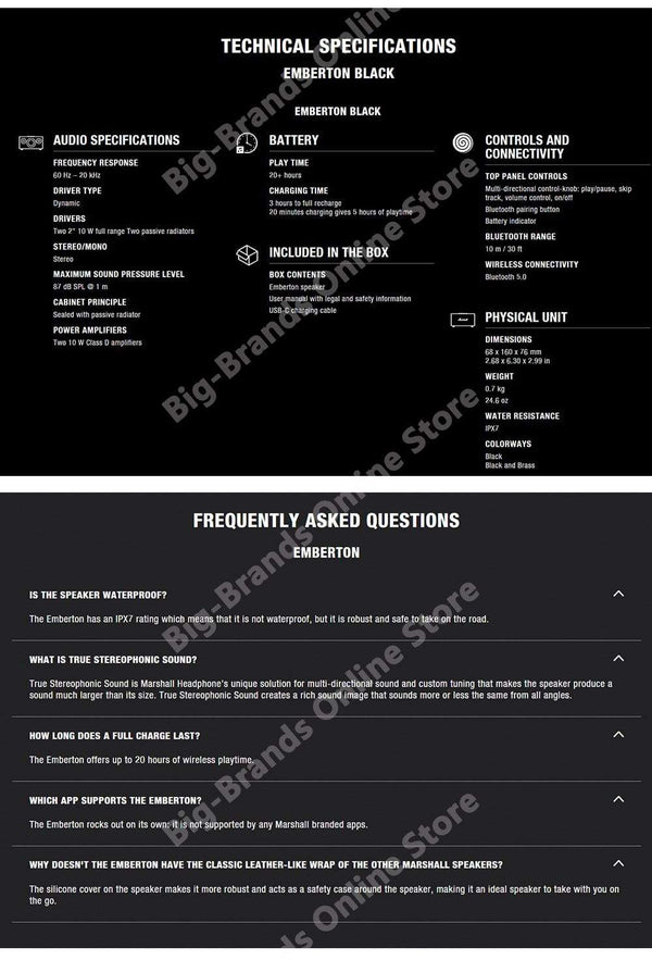 Planet Gates MARSHALL EMBERTON Wireless Bluetooth Speaker IPX7 Waterproof Sports Speaker Stereo Bass Sound Outdoor Portable Original Speakers