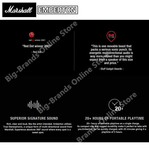 Planet Gates MARSHALL EMBERTON Wireless Bluetooth Speaker IPX7 Waterproof Sports Speaker Stereo Bass Sound Outdoor Portable Original Speakers