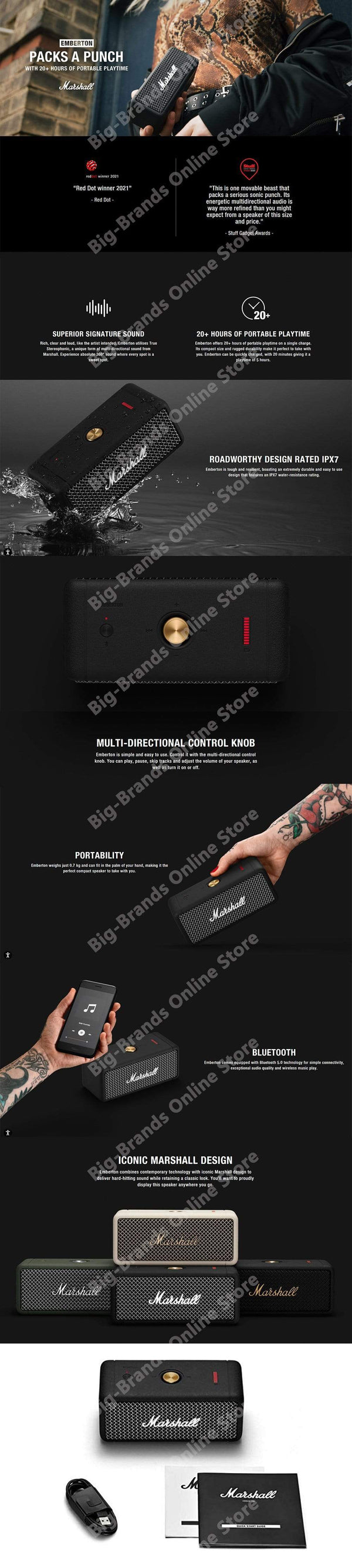 Planet Gates MARSHALL EMBERTON Wireless Bluetooth Speaker IPX7 Waterproof Sports Speaker Stereo Bass Sound Outdoor Portable Original Speakers