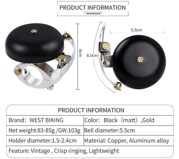 Planet Gates Matt Black Vintage Mini Bicycle Bell Ultralight Copper Safety Sound Cycling Bell Handlebar Horn Aluminum Alloy MTB Bike Bells
