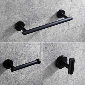 Planet Gates Matte Black 3-Piece Bathroom Accessories Set Stainless Steel Wall Mount - Includes 12" Towel Bar, Toilet Paper Holder, Robe Hook