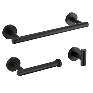 Planet Gates Matte Black 3-Piece Bathroom Accessories Set Stainless Steel Wall Mount - Includes 12" Towel Bar, Toilet Paper Holder, Robe Hook