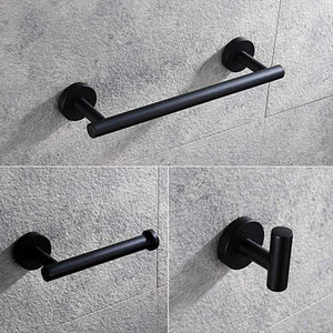 Planet Gates Matte Black 3-Piece Bathroom Accessories Set Stainless Steel Wall Mount - Includes 12" Towel Bar, Toilet Paper Holder, Robe Hook