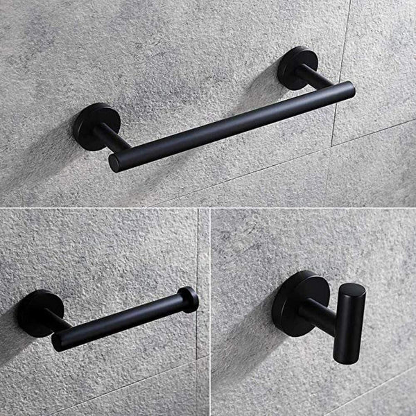 Planet Gates Matte Black 3-Piece Bathroom Accessories Set Stainless Steel Wall Mount - Includes 12" Towel Bar, Toilet Paper Holder, Robe Hook