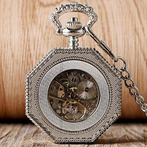 Planet Gates Mechanical Pocket Watch Chain Fashion Silver Octagon Shape Skeleton Carving Men Fob Watches Christmas Gift