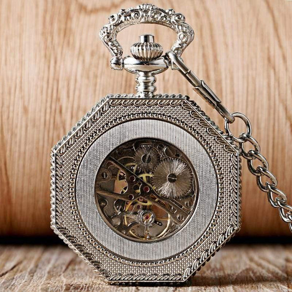 Planet Gates Mechanical Pocket Watch Chain Fashion Silver Octagon Shape Skeleton Carving Men Fob Watches Christmas Gift