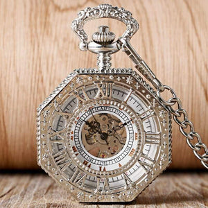 Planet Gates Mechanical Pocket Watch Chain Fashion Silver Octagon Shape Skeleton Carving Men Fob Watches Christmas Gift