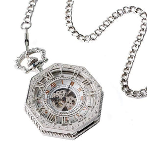 Planet Gates Mechanical Pocket Watch Chain Fashion Silver Octagon Shape Skeleton Carving Men Fob Watches Christmas Gift