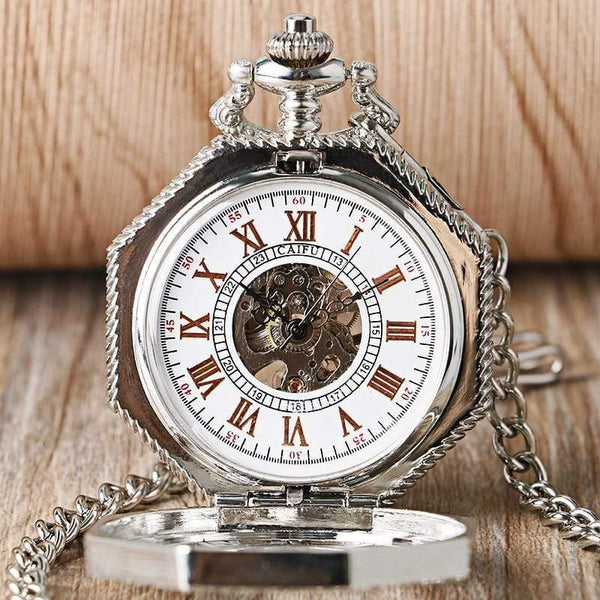Planet Gates Mechanical Pocket Watch Chain Fashion Silver Octagon Shape Skeleton Carving Men Fob Watches Christmas Gift