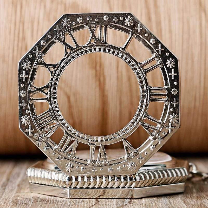 Planet Gates Mechanical Pocket Watch Chain Fashion Silver Octagon Shape Skeleton Carving Men Fob Watches Christmas Gift