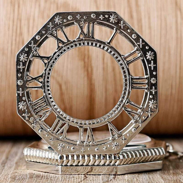 Planet Gates Mechanical Pocket Watch Chain Fashion Silver Octagon Shape Skeleton Carving Men Fob Watches Christmas Gift