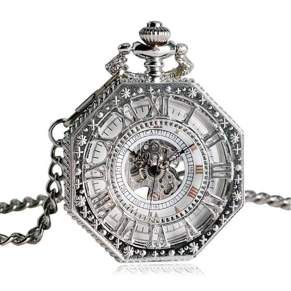 Planet Gates Mechanical Pocket Watch Chain Fashion Silver Octagon Shape Skeleton Carving Men Fob Watches Christmas Gift