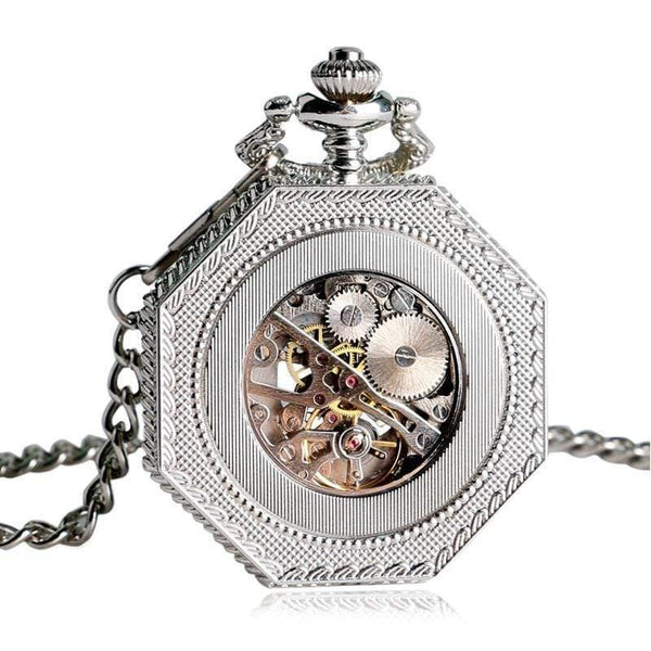 Planet Gates Mechanical Pocket Watch Chain Fashion Silver Octagon Shape Skeleton Carving Men Fob Watches Christmas Gift