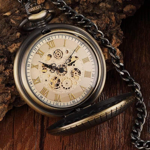 Planet Gates Mechanical Pocket Watch Men Unique Hollow Steampunk Bronze Mechanical Clock Watches Chain