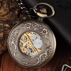 Planet Gates Mechanical Pocket Watch Men Unique Hollow Steampunk Bronze Mechanical Clock Watches Chain