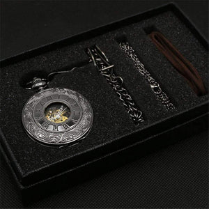 Planet Gates Mechanical Pocket Watch Set Luxury Pendant Watch for Men Men with Pocket & Necklace Chain Pouch Bag