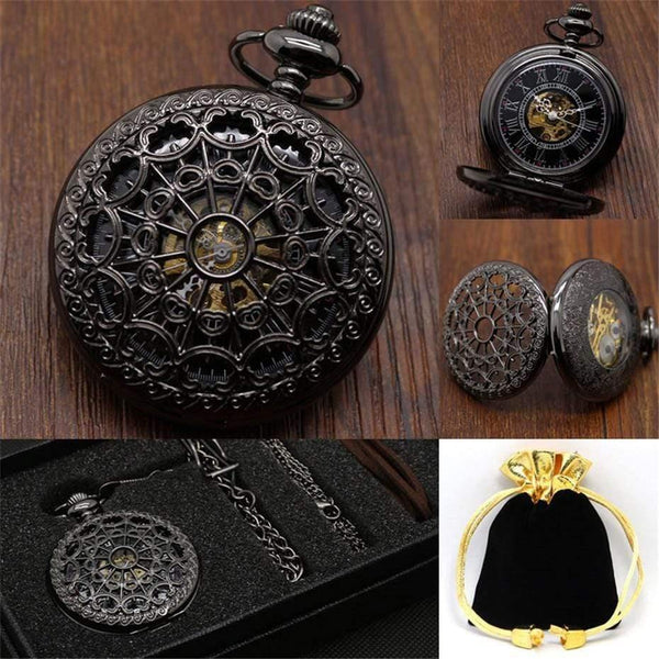Planet Gates Mechanical Pocket Watch Set Luxury Pendant Watch for Men Men with Pocket & Necklace Chain Pouch Bag