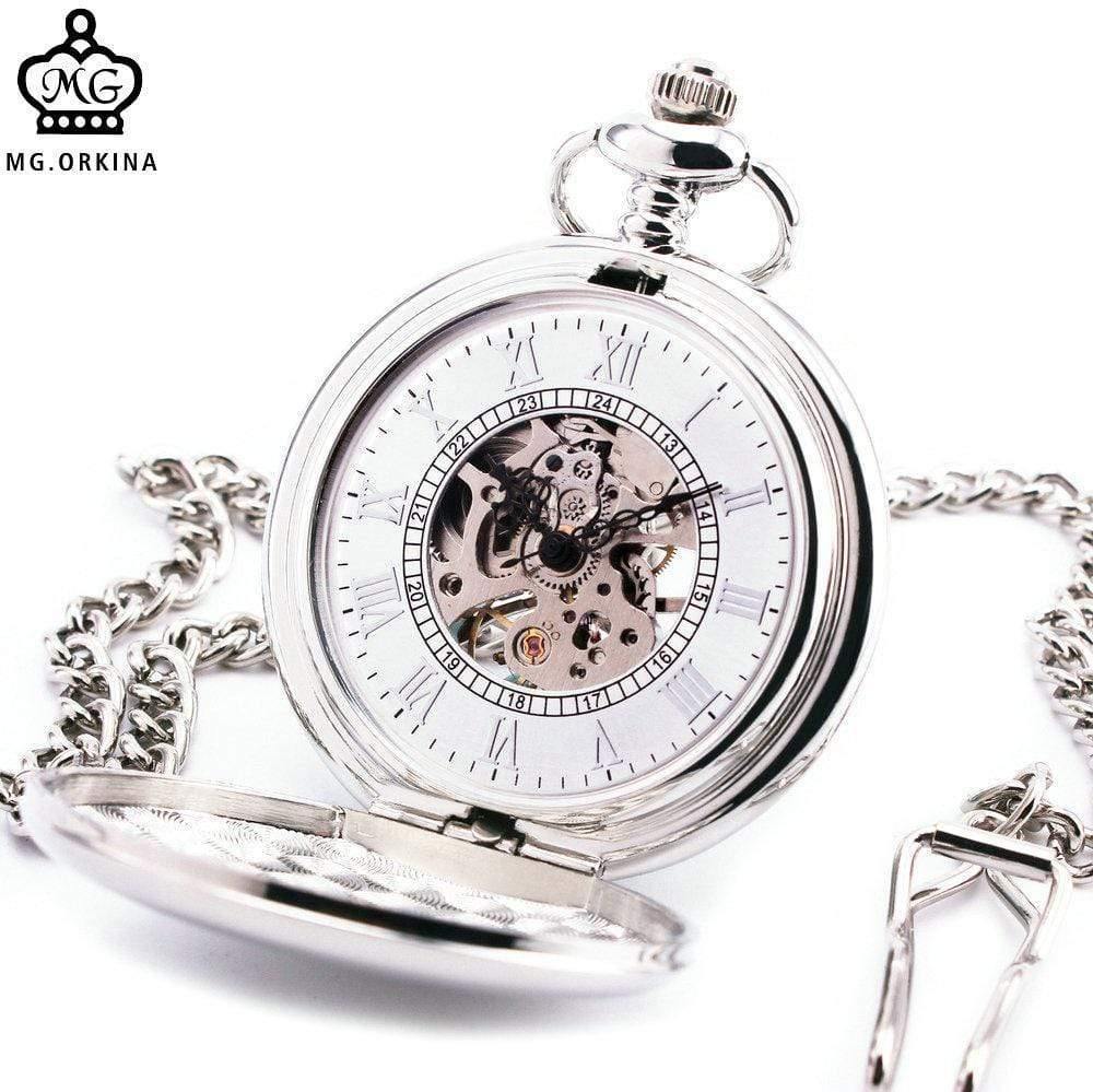 Planet Gates Mechanical Pocket Watch Textured Lid Silver Stainless-steel Case Stylish Roman Numeral Skeleton Dial