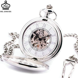 Planet Gates Mechanical Pocket Watch Textured Lid Silver Stainless-steel Case Stylish Roman Numeral Skeleton Dial