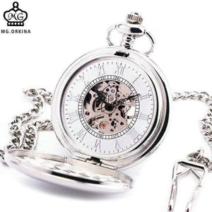 Planet Gates Mechanical Pocket Watch Textured Lid Silver Stainless-steel Case Stylish Roman Numeral Skeleton Dial