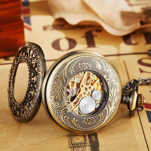 Planet Gates Mechanical Pocket Watch With FOB Chain Gold Stars Skeleton Steampunk Vintage Mens Womens Hand Winding Pocket Watch