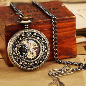 Planet Gates Mechanical Pocket Watch With FOB Chain Gold Stars Skeleton Steampunk Vintage Mens Womens Hand Winding Pocket Watch
