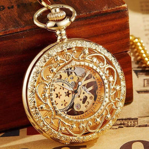 Planet Gates Mechanical Pocket Watch With FOB Chain Gold Stars Skeleton Steampunk Vintage Mens Womens Hand Winding Pocket Watch
