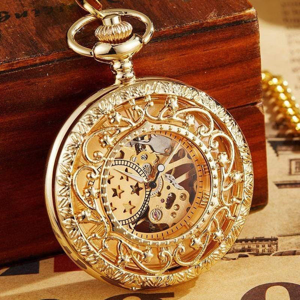 Planet Gates Mechanical Pocket Watch With FOB Chain Gold Stars Skeleton Steampunk Vintage Mens Womens Hand Winding Pocket Watch