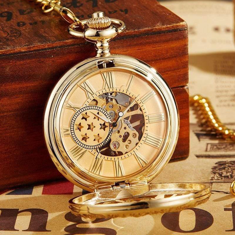Planet Gates Mechanical Pocket Watch With FOB Chain Gold Stars Skeleton Steampunk Vintage Mens Womens Hand Winding Pocket Watch