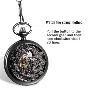 Planet Gates Mechanical Pocket Watches Men Black Dragon/Phoenix Hollow Retro Necklace Pocket Watch With Chain For Men