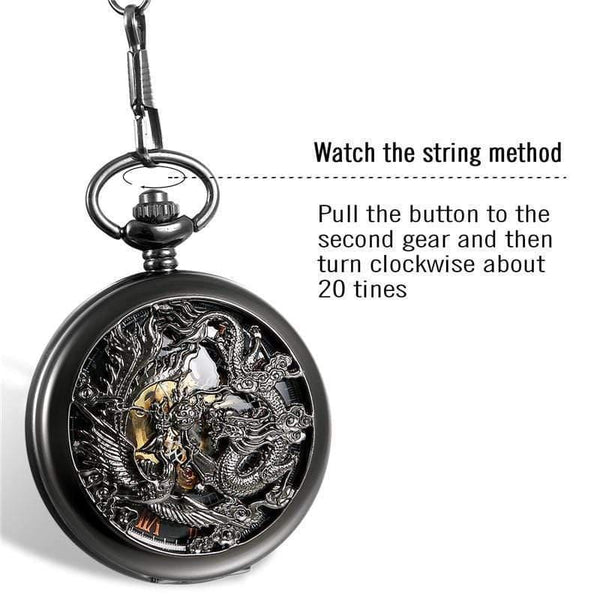 Planet Gates Mechanical Pocket Watches Men Black Dragon/Phoenix Hollow Retro Necklace Pocket Watch With Chain For Men
