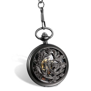 Planet Gates Mechanical Pocket Watches Men Black Dragon/Phoenix Hollow Retro Necklace Pocket Watch With Chain For Men