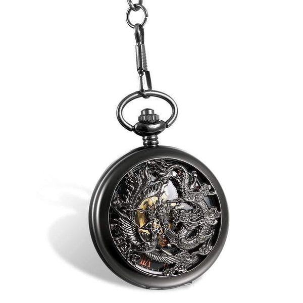 Planet Gates Mechanical Pocket Watches Men Black Dragon/Phoenix Hollow Retro Necklace Pocket Watch With Chain For Men