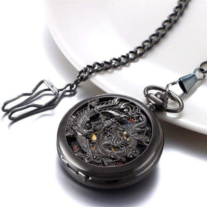 Planet Gates Mechanical Pocket Watches Men Black Dragon/Phoenix Hollow Retro Necklace Pocket Watch With Chain For Men