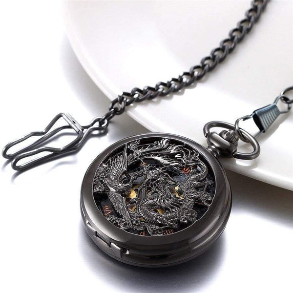 Planet Gates Mechanical Pocket Watches Men Black Dragon/Phoenix Hollow Retro Necklace Pocket Watch With Chain For Men