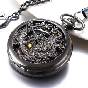 Planet Gates Mechanical Pocket Watches Men Black Dragon/Phoenix Hollow Retro Necklace Pocket Watch With Chain For Men