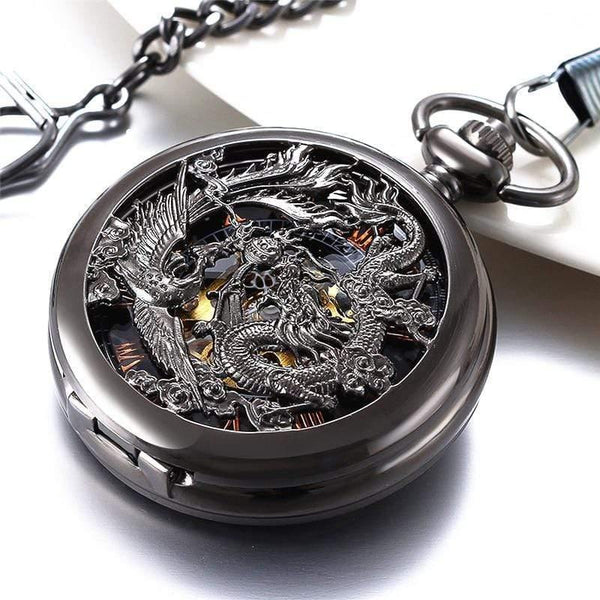 Planet Gates Mechanical Pocket Watches Men Black Dragon/Phoenix Hollow Retro Necklace Pocket Watch With Chain For Men
