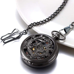 Planet Gates Mechanical Pocket Watches Men Black Dragon/Phoenix Hollow Retro Necklace Pocket Watch With Chain For Men