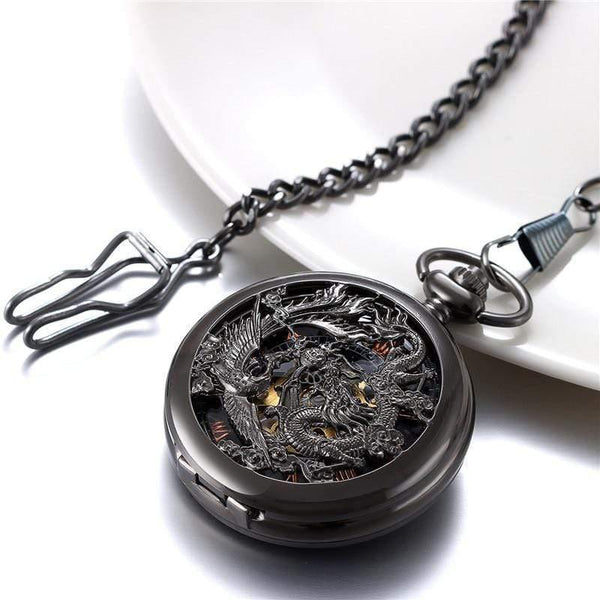 Planet Gates Mechanical Pocket Watches Men Black Dragon/Phoenix Hollow Retro Necklace Pocket Watch With Chain For Men