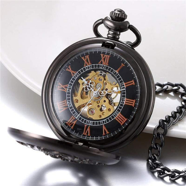 Planet Gates Mechanical Pocket Watches Men Black Dragon/Phoenix Hollow Retro Necklace Pocket Watch With Chain For Men
